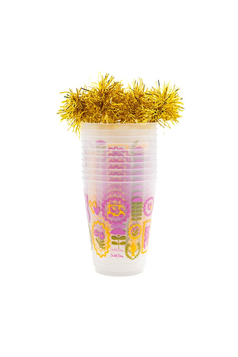 Forever Fun Gold Pom Pom Reusable Stackable Cups Set of 10 - 16 oz Shatterproof Party Cups with Gold Pom Pom Stirrers, Alternate, color, Multicolor