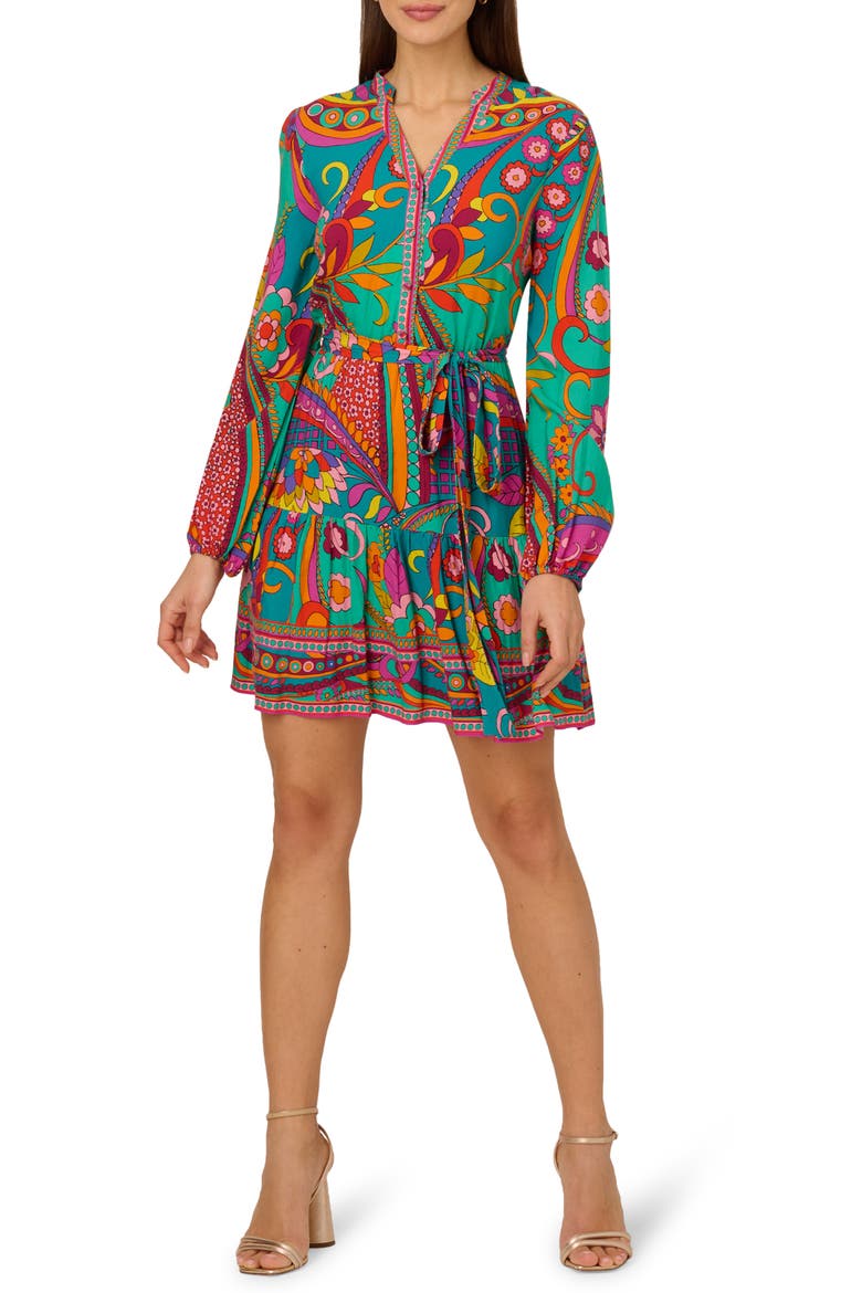 Print Tie Waist Long Sleeve Dress, Main, color, TEAL MULTI