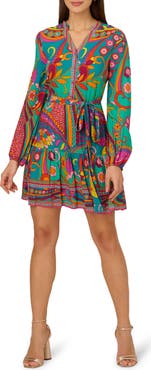 Adrianna Papell Print Tie Waist Long Sleeve Dress