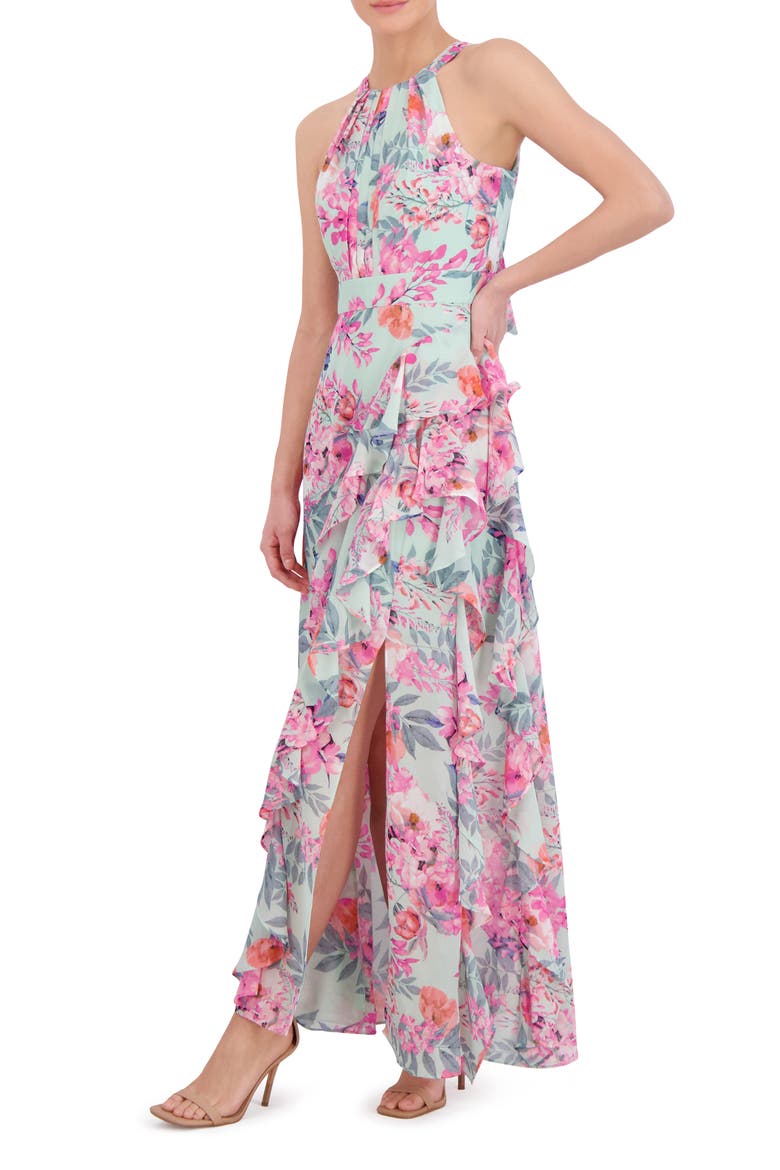 Floral Print Asymmetric Ruffle Sleeveless Maxi Dress, Alternate, color, MINT