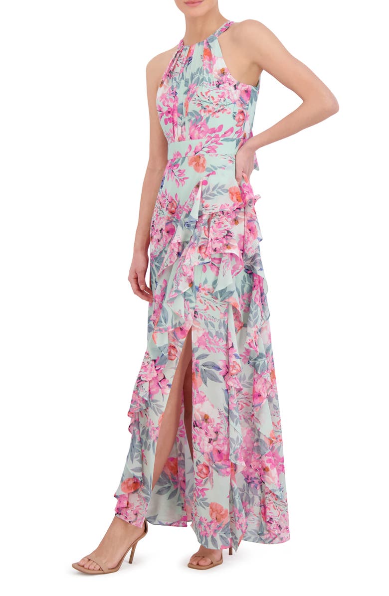Eliza J Floral Print Asymmetric Ruffle Sleeveless Maxi Dress, Alternate, color, Mint