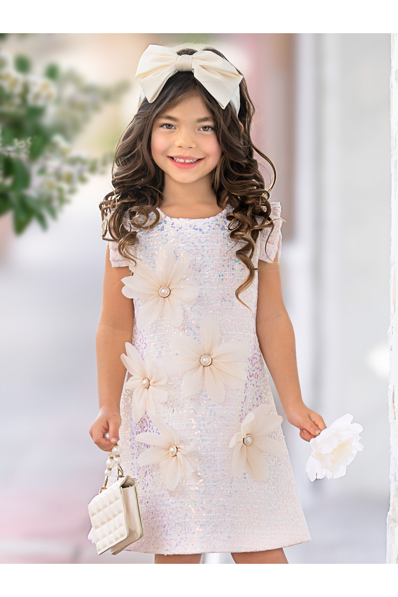 Girls  Sequin Daisy Pearl-Accent Shift Dress, Alternate, color, Pink