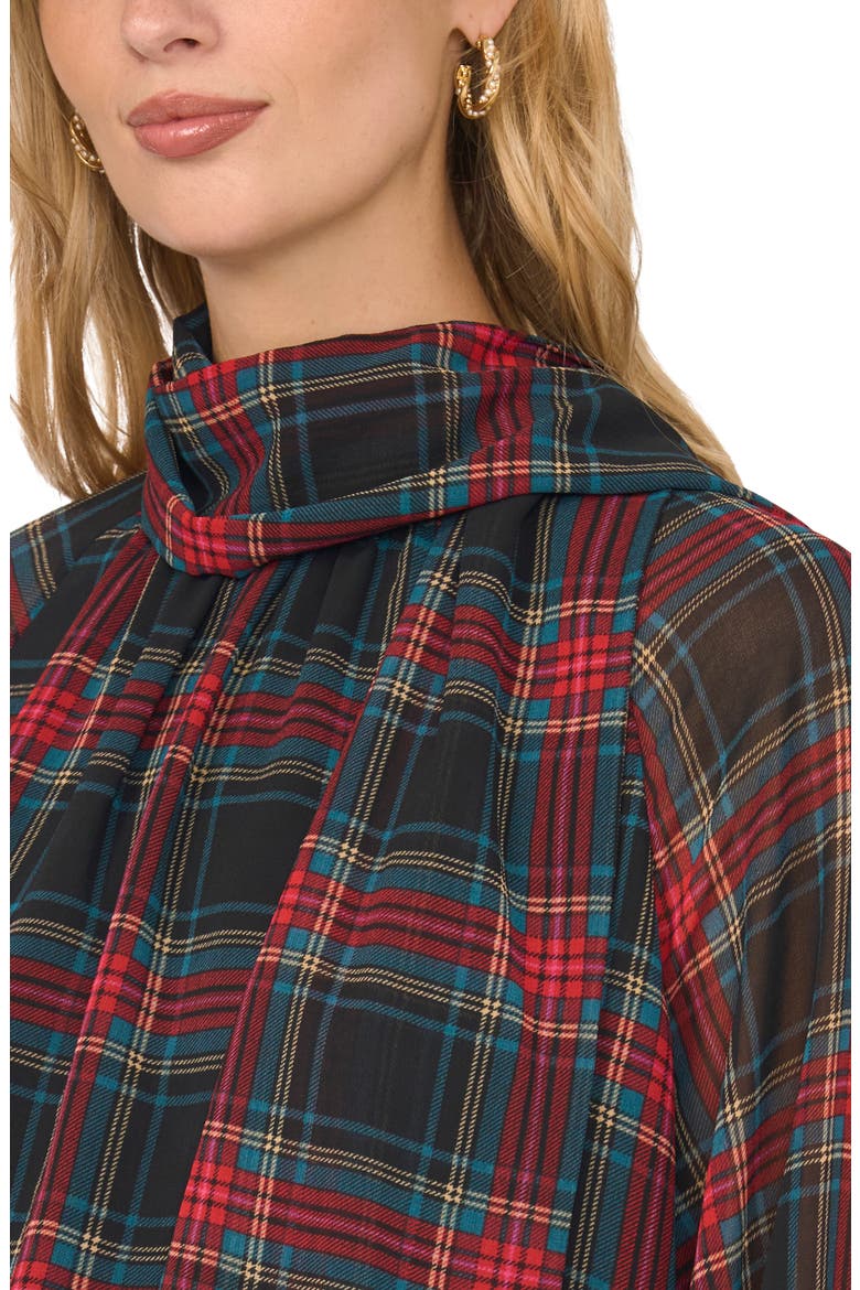 Plaid Fringe Trim Tie Neck Top, Alternate, color, RICH BLACK