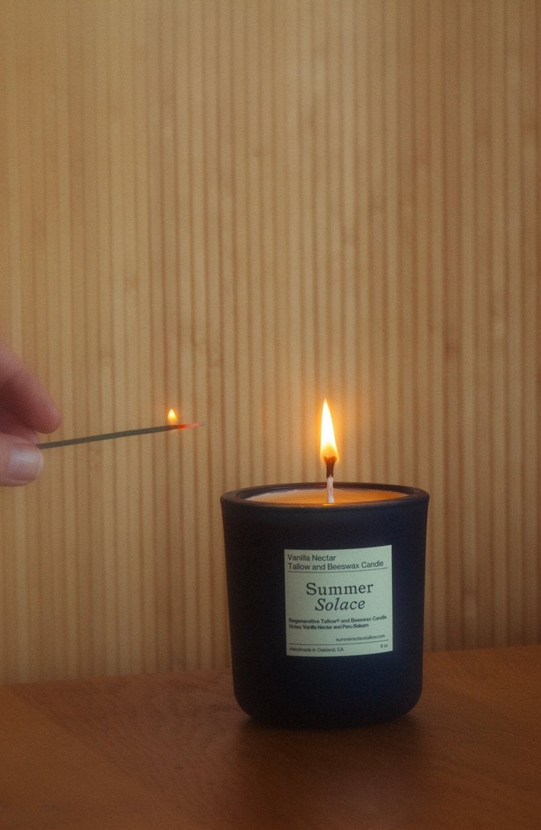 Summer Solace Tallow Vanilla Nectar and Peru Balsam Tallow and Beeswax Candle, Alternate, color, Blue-Green