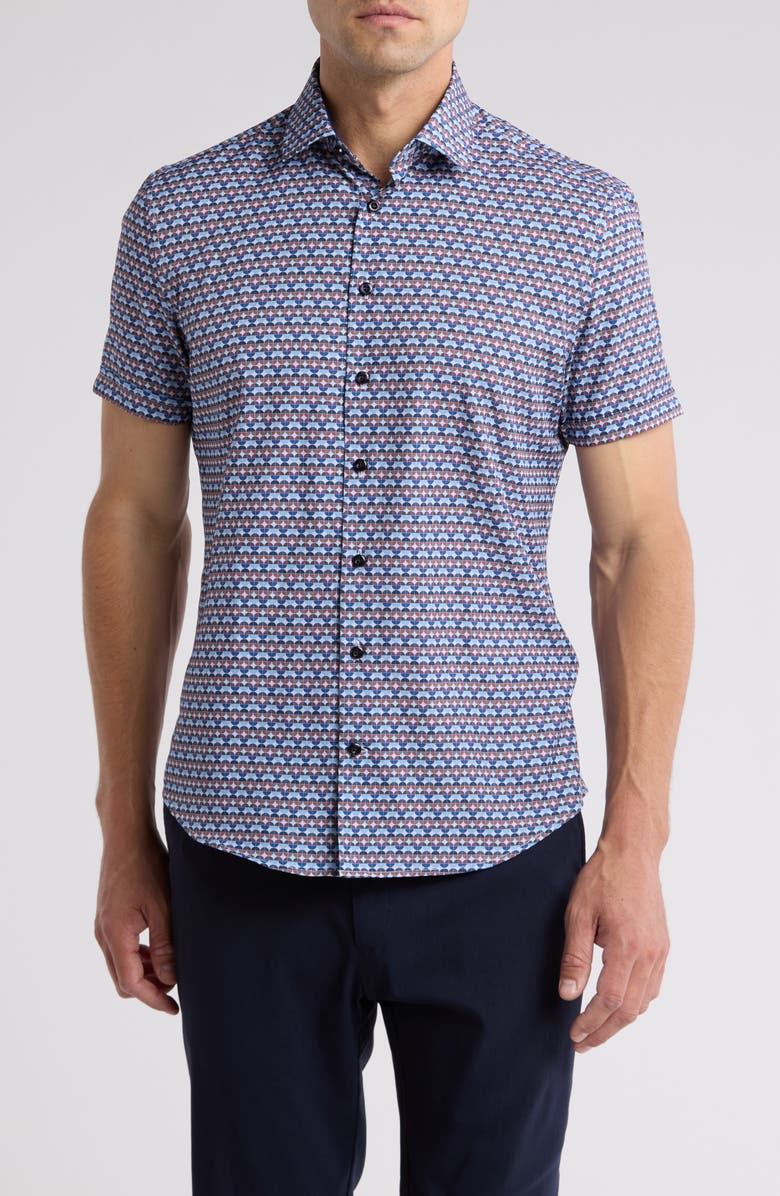 SOUL OF LONDON Geo Print Performance Short Sleeve Shirt, Main, color, Blue Multi