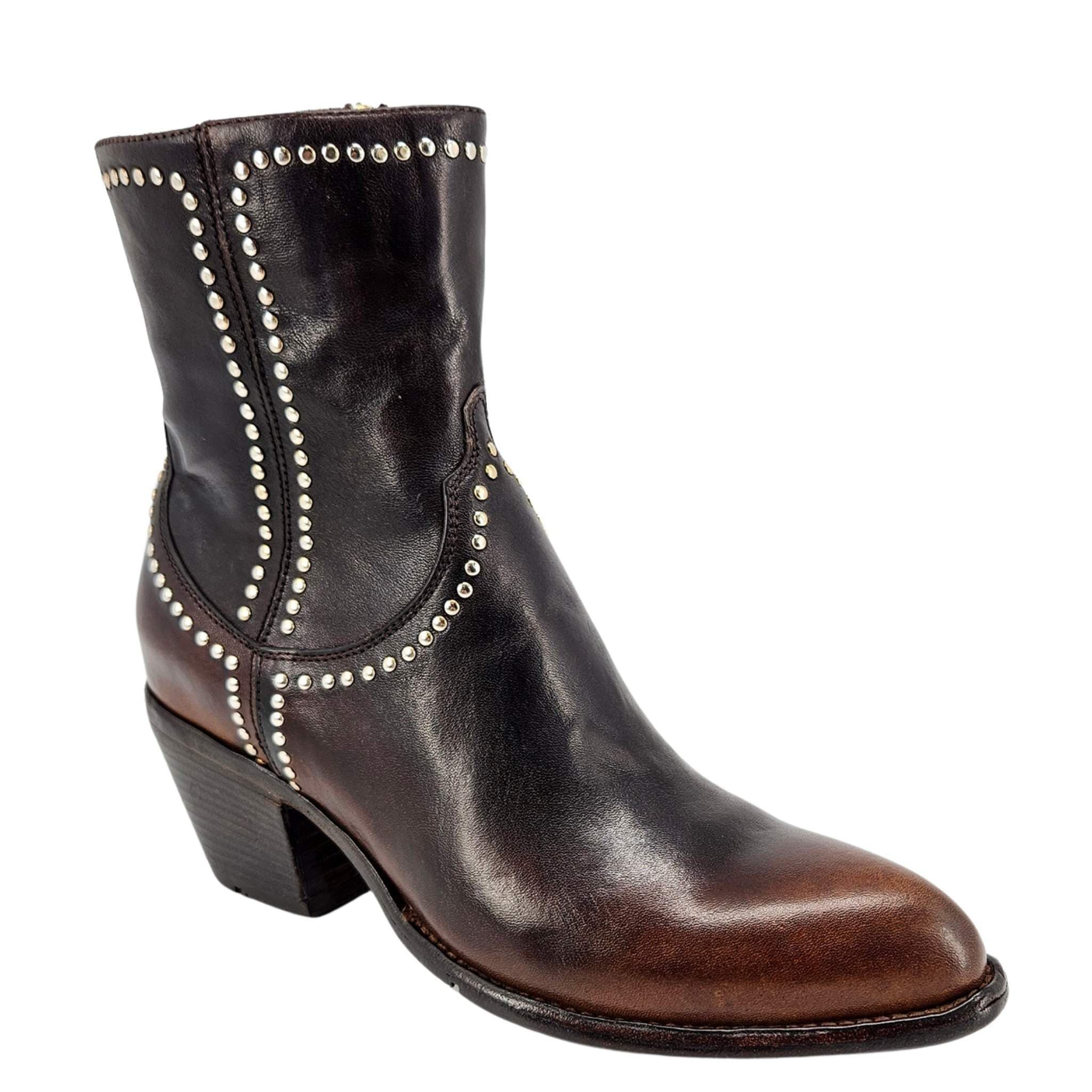 Leather Studded Western Ankle Boot, Alternate, color, Brown