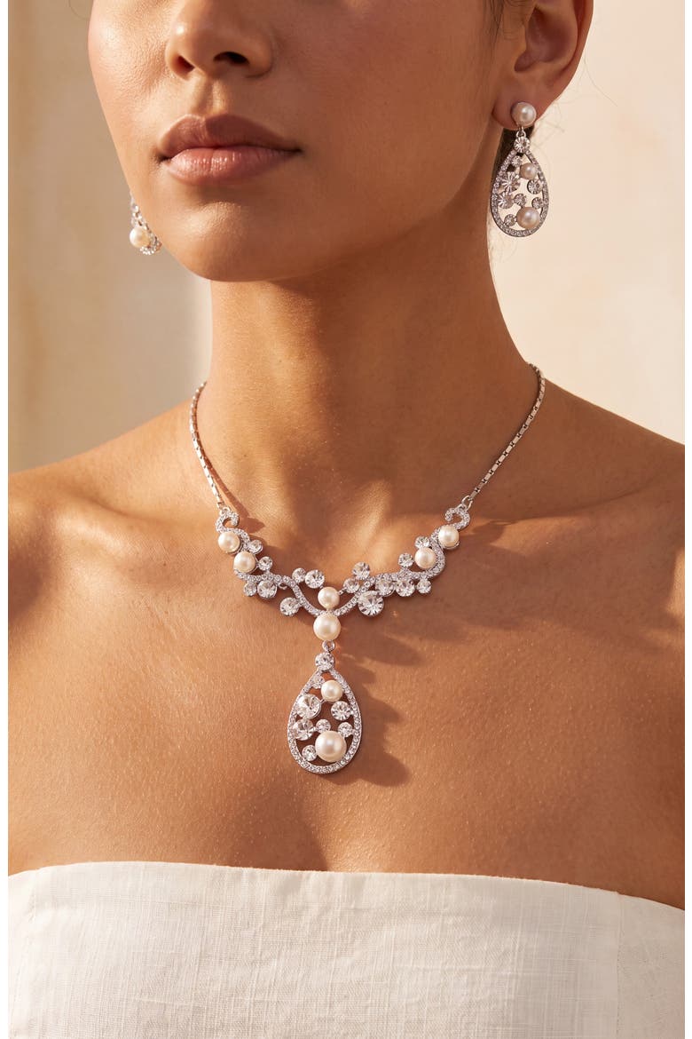 Pearl and Crystal Teardrop Necklace and Earrings Set, Alternate, color, Silver