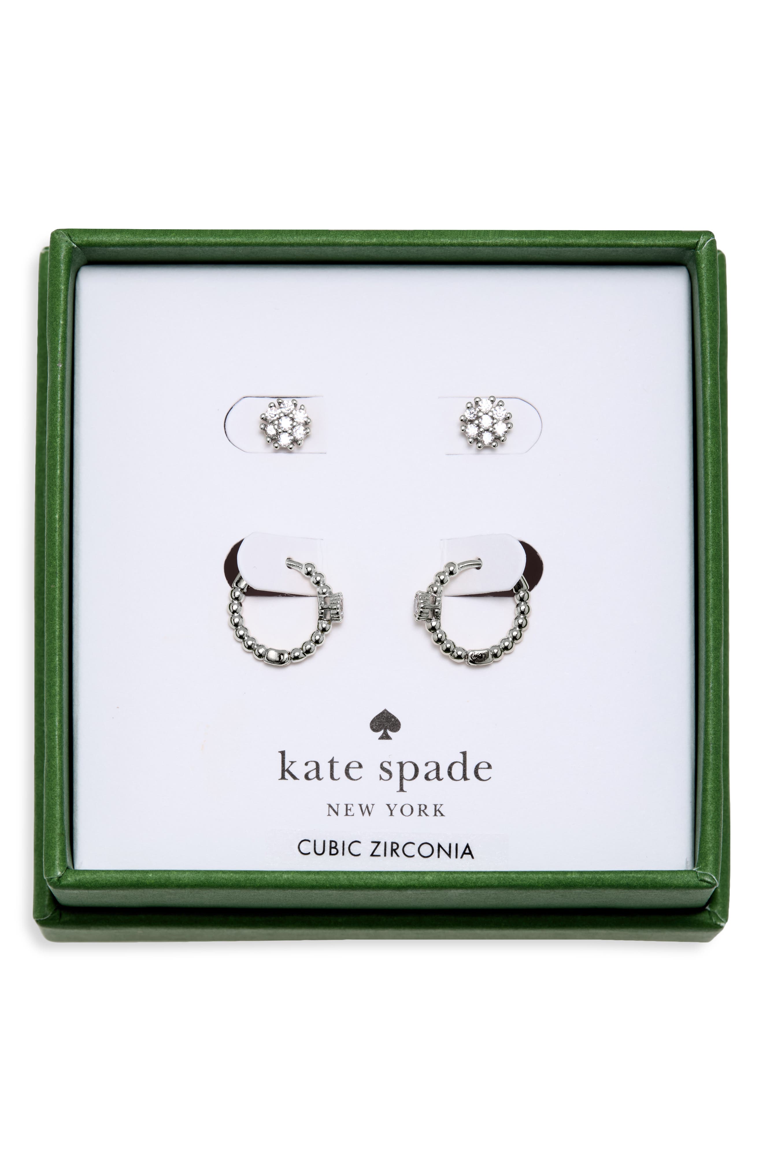 Set of 2 Pave Round Stud & Beaded Huggie Hoop Earrings