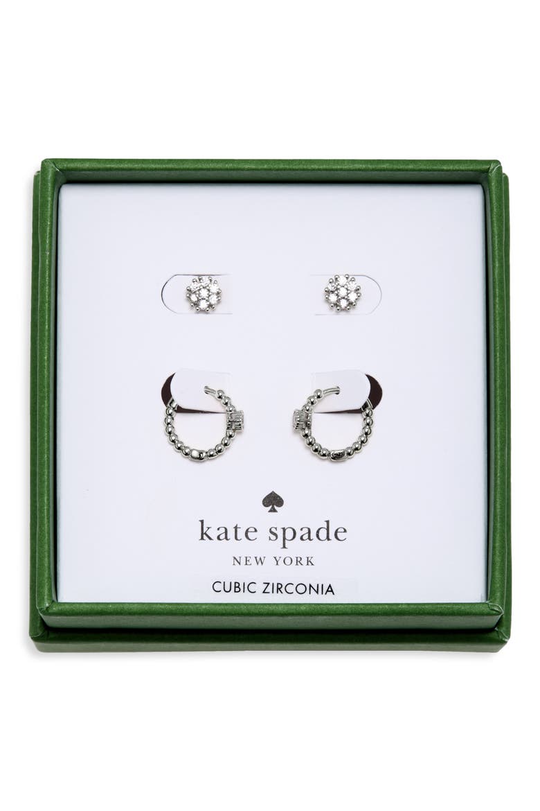 Set of 2 Pave Round Stud & Beaded Huggie Hoop Earrings, Main, color, CLEAR/ SILVER