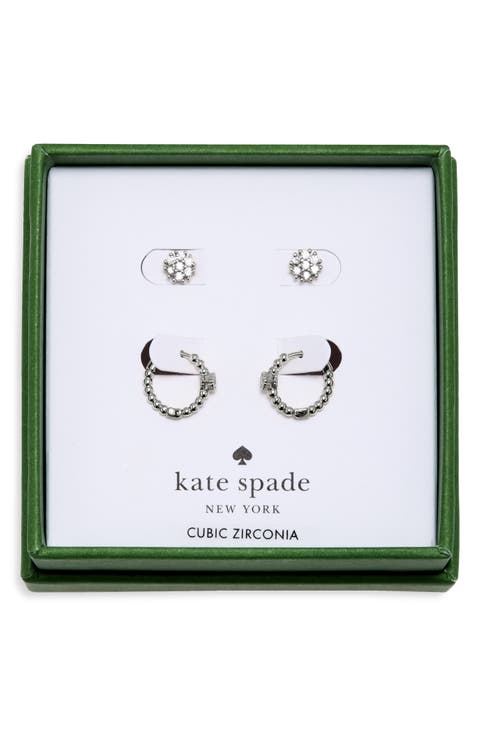 Set of 2 Pave Round Stud & Beaded Huggie Hoop Earrings