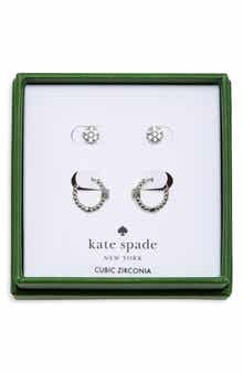 Set of 2 Pave Round Stud & Beaded Huggie Hoop Earrings