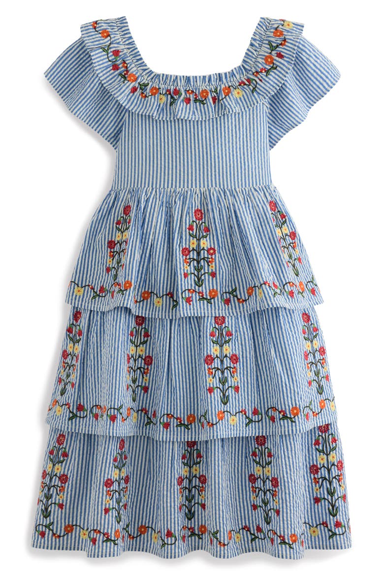 Kids' Stripe Floral Embroidered Tiered Dress, Main, color, TICKING STRIPE FLORAL