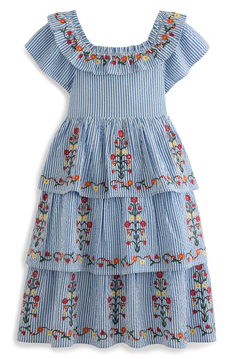 Mini Boden Kids' Stripe Floral Embroidered Tiered Dress, Main, color, Ticking Stripe Floral