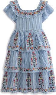 Mini Boden Kids' Stripe Floral Embroidered Tiered Dress