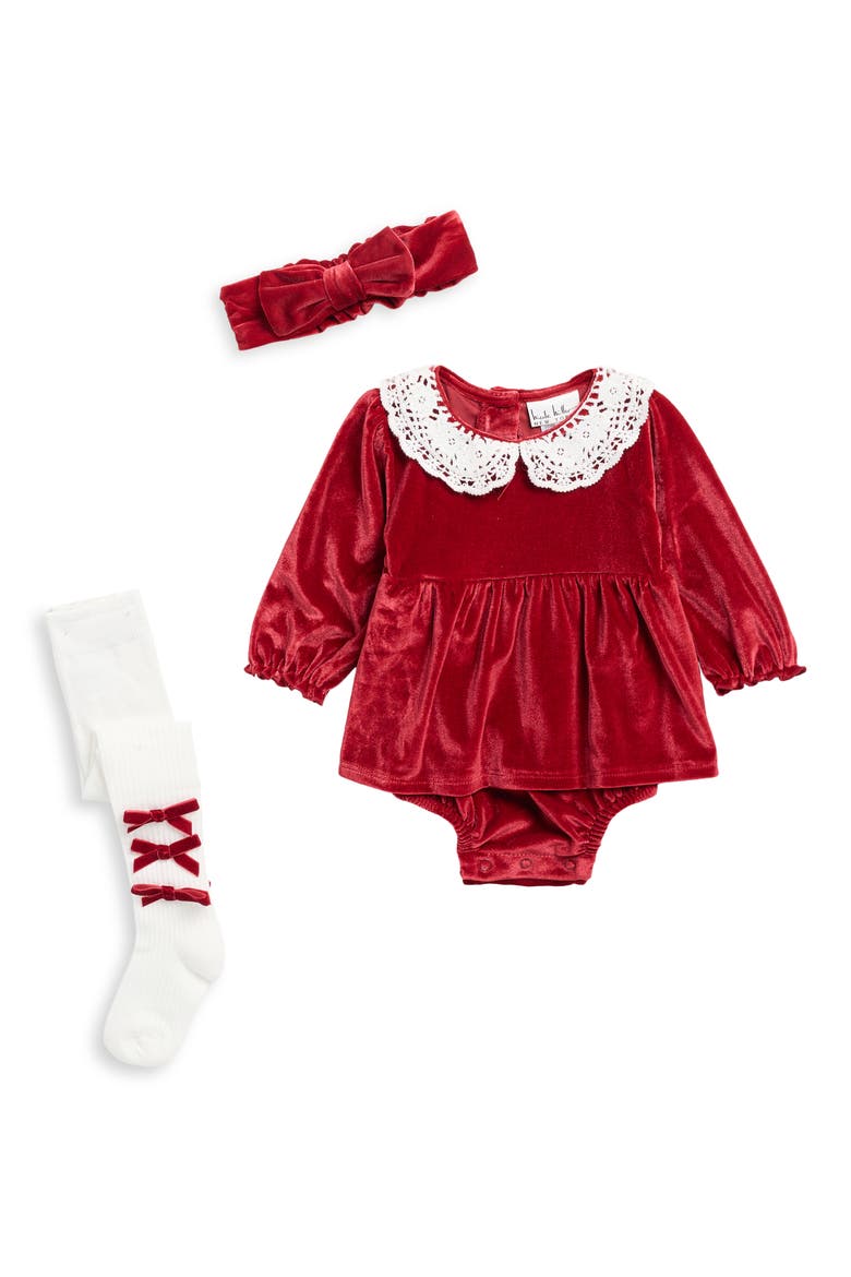 3-Piece Velvet Bubble Romper, Tights & Headband Set, Main, color, RIO RED