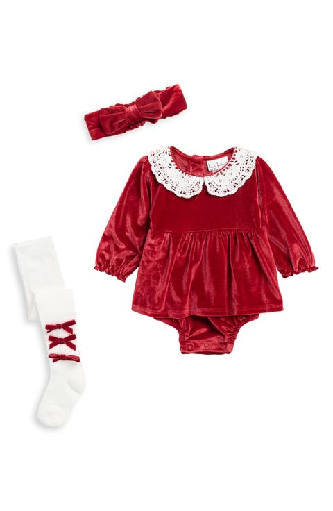 3-Piece Velvet Bubble Romper, Tights & Headband Set