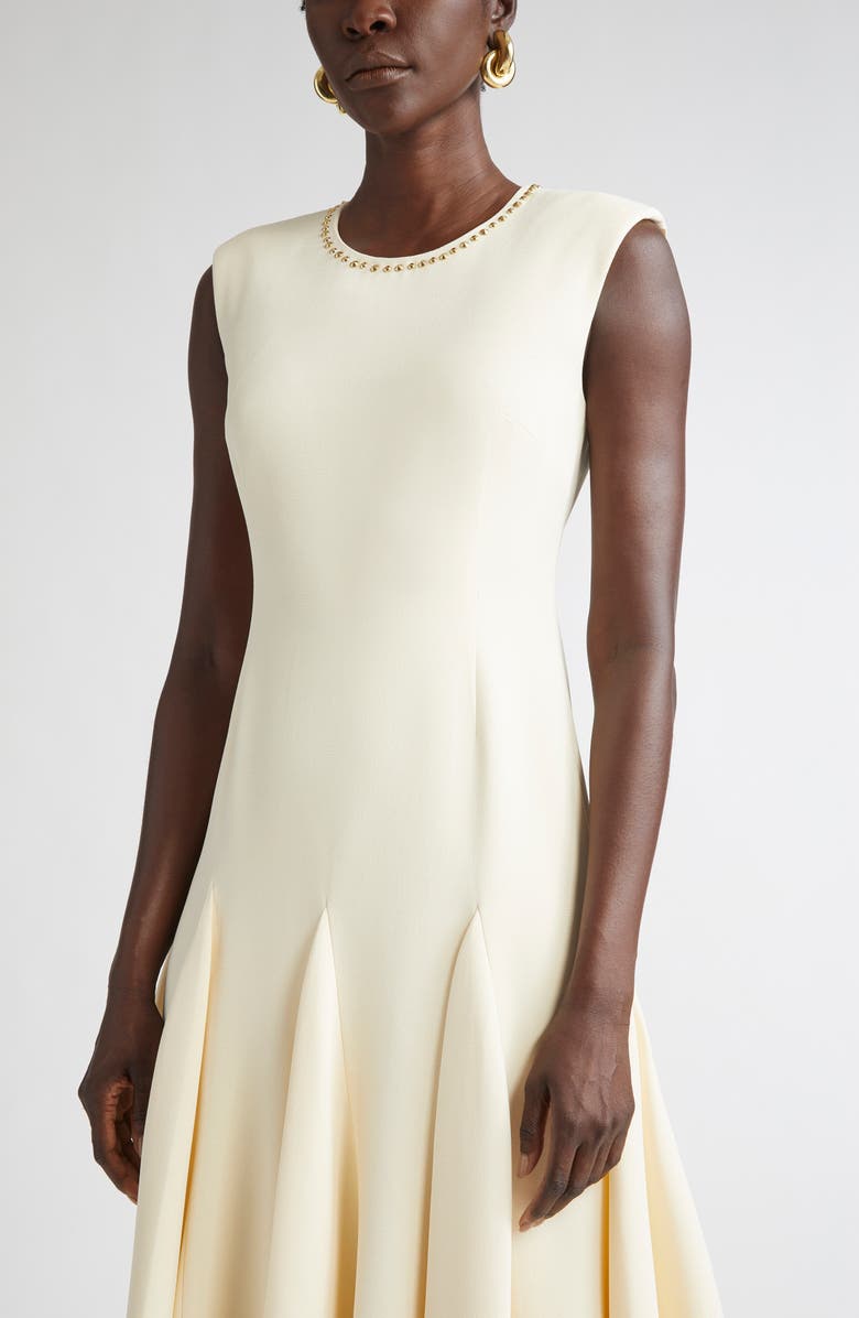 ST. JOHN Stud Embellished Sleeveless Stretch Cady Midi Dress, Alternate, color, Butter