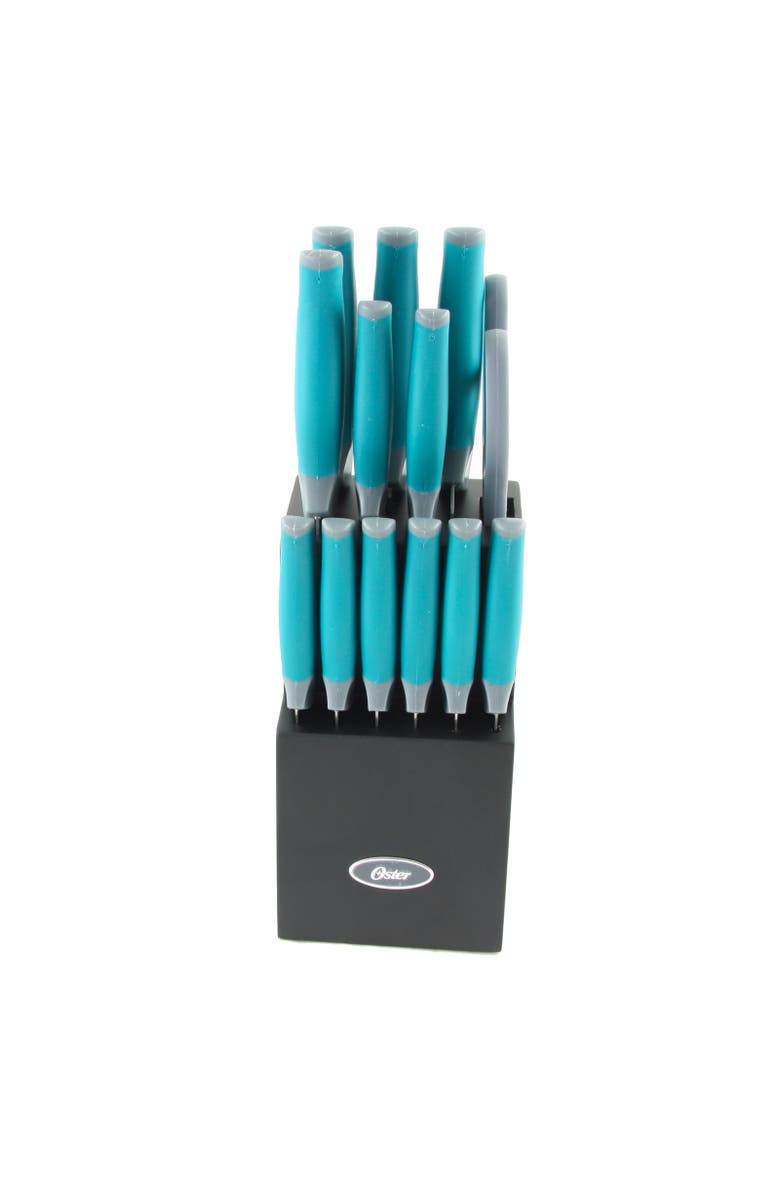 OSTER Lindbergh 14 Piece Stainless Steel Cutlery Set with Wooden Block, Main, color, Teal