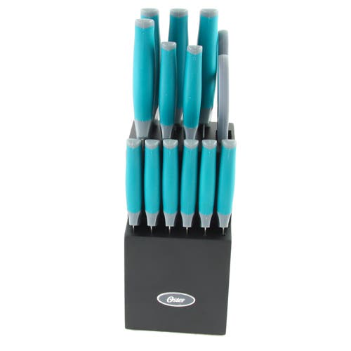 Oster Lindbergh 14 Piece Stainless Steel Cutlery Set With Wooden Block In Blue