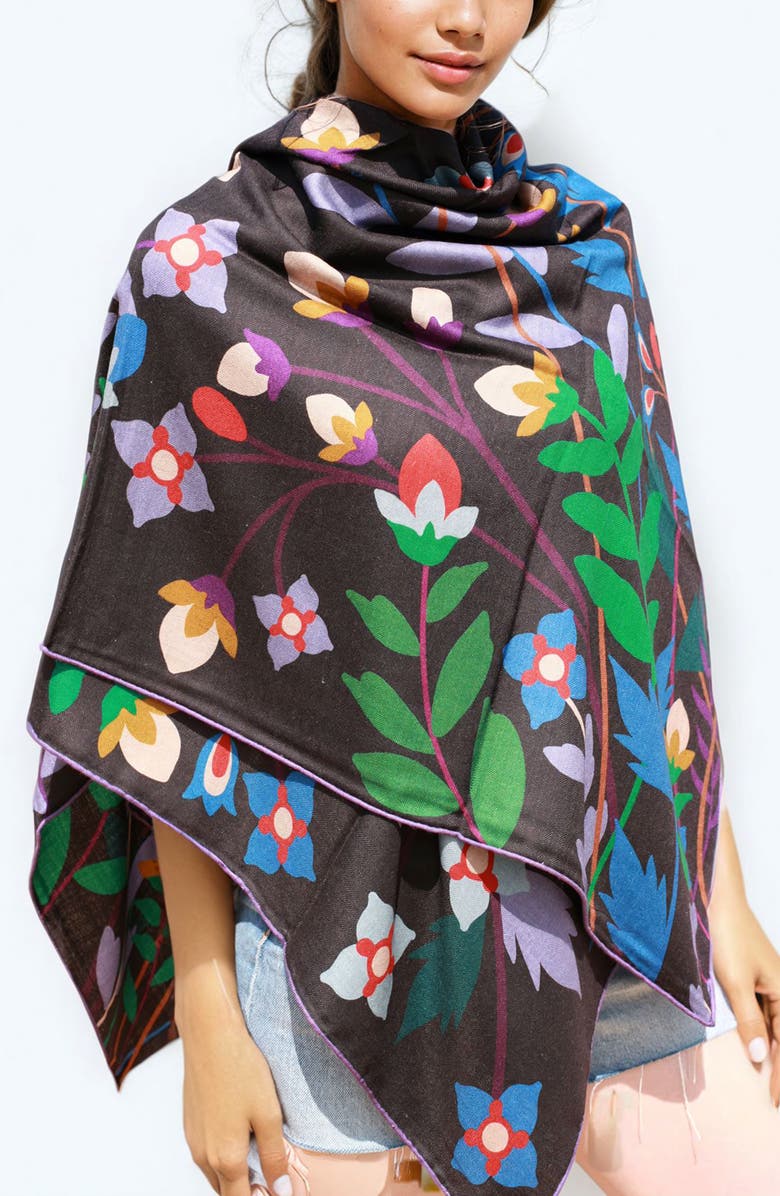 Jessie Zhao New York Double Sided Wool Silk Shawl Of Night Garden, Alternate, color, Black