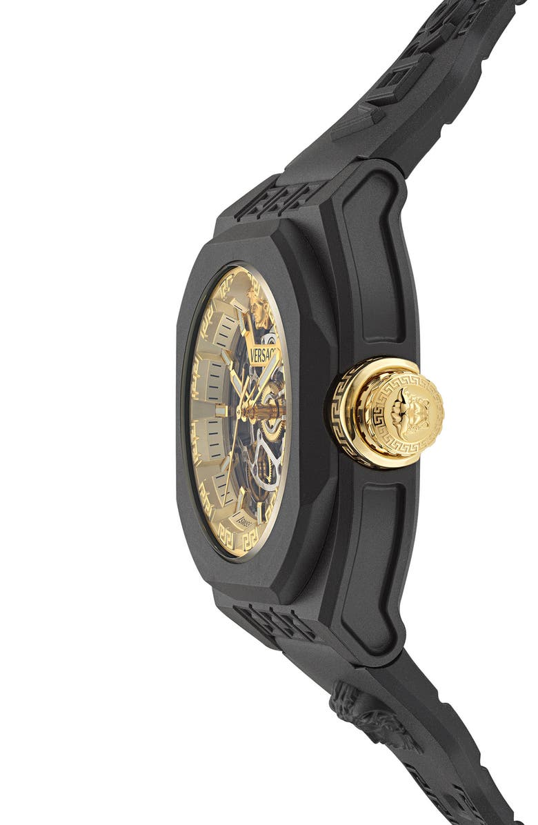 Versace V-Legend Skeleton Recycled Polyurethane Strap Watch, 42mm, Alternate, color, 