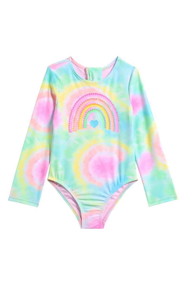 Breaking Waves Kids' Tie Dye Rainbow Rashguard Swimsuit, Main, color, Pink Multi