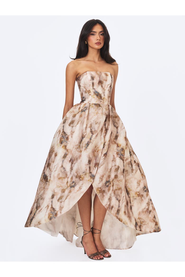 Micaela Watercolor Jacquard Chiffon Dipped Hem Gown, Alternate, color, Camel