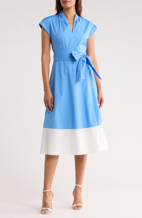 Colorblock Cap Sleeve Cotton Poplin Midi Dress