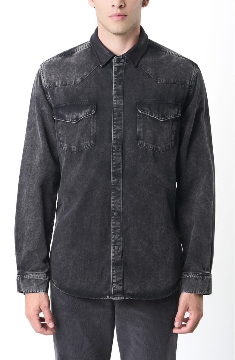 Velez Long-Sleeve Cotton Overshirt With Denim and Leather, Main, color, Black