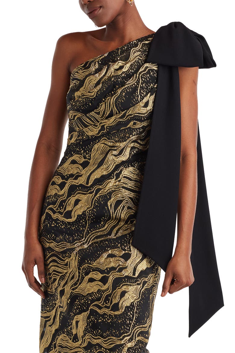 Metallic Jacquard One-Shoulder Gown, Alternate, color, GOLD/BLACK