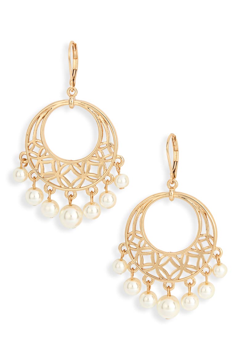 Shaky Faux Pearl Cutout Hoop Drop Earrings, Main, color, WHITE