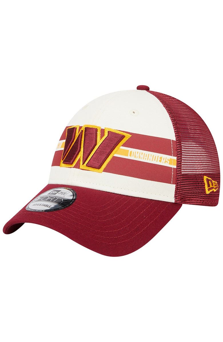New Era Men's New Era Cream/Burgundy Washington Commanders Team Stripe Trucker 9FORTY Snapback Hat, Main, color, 