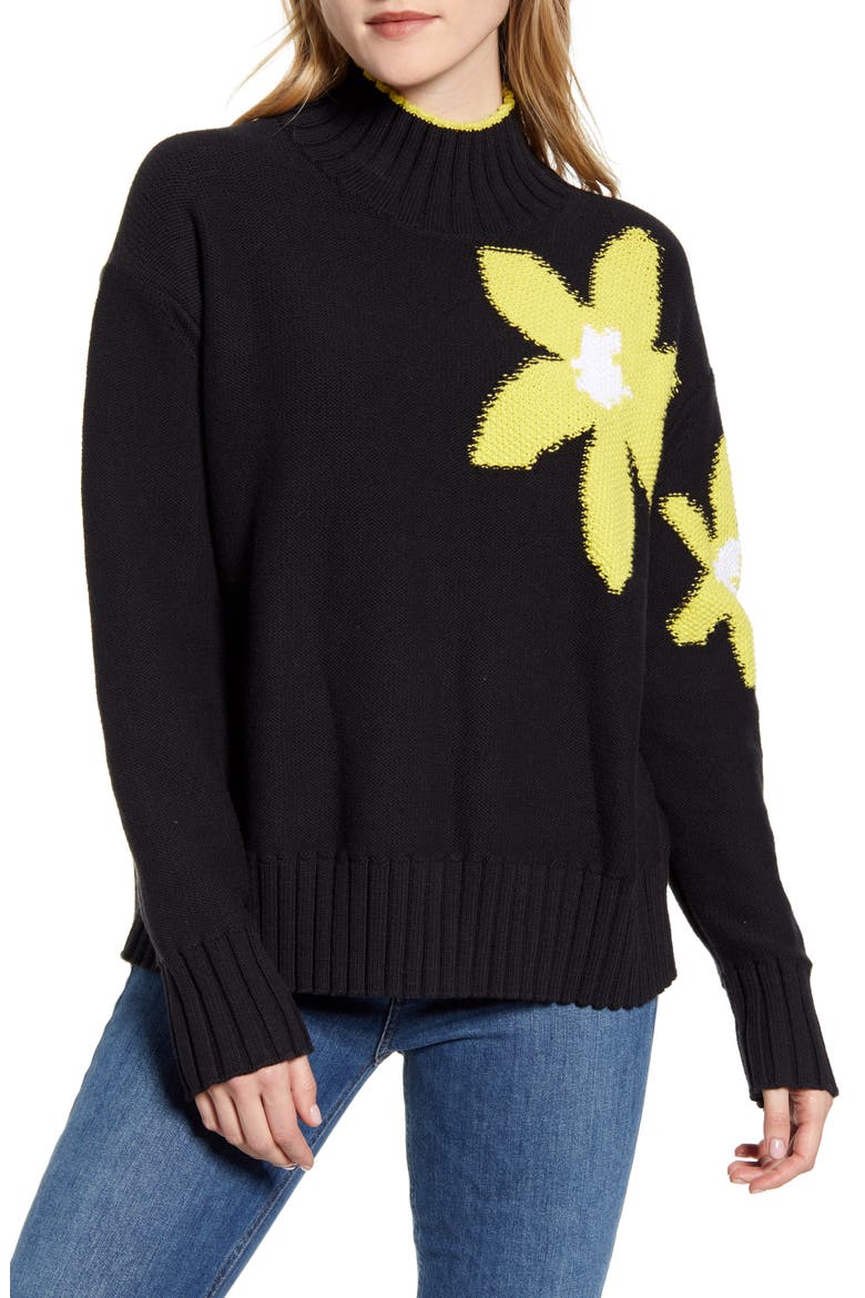 Floral Turtleneck Sweater, Main, color, BLACK