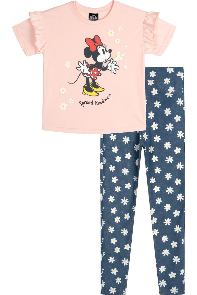 Minnie Mouse Ruffle T-Shirt and Denim Jeggings Set, Main, color, Minnie Mouse Pink Blue
