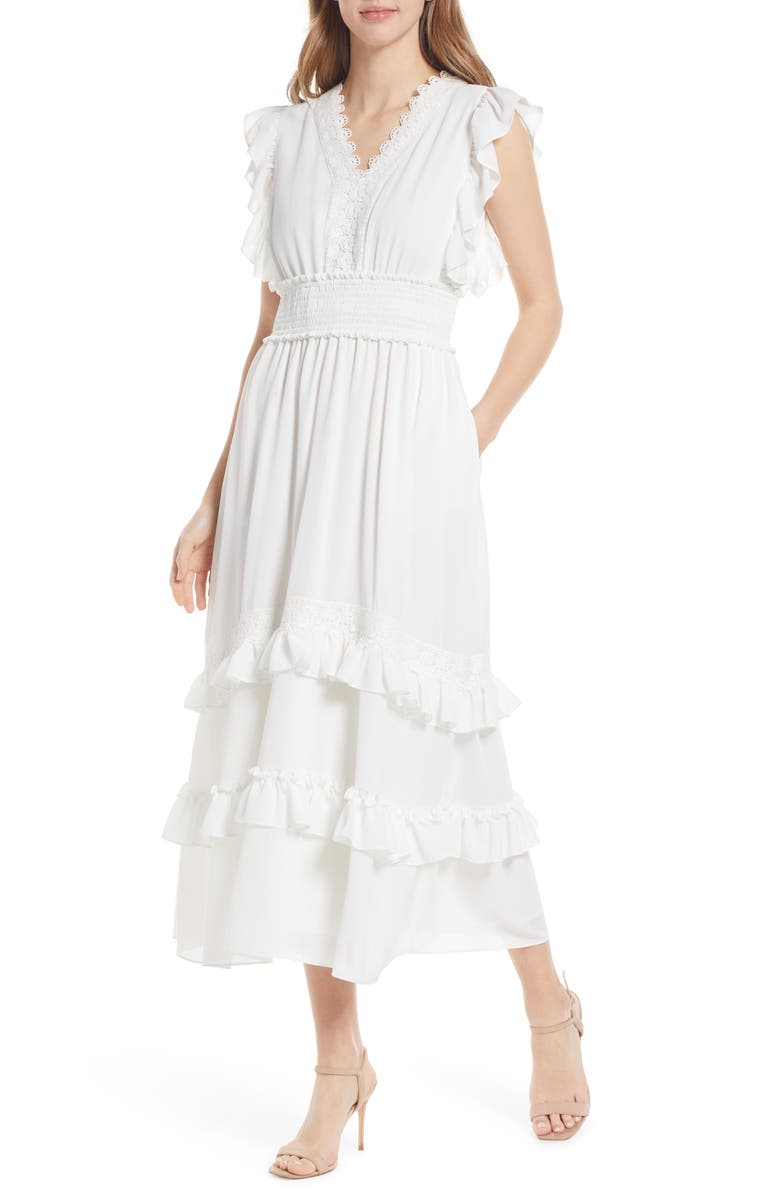 Tahari ASL Ruffle & Lace Tiered Midi Dress, Main, color,