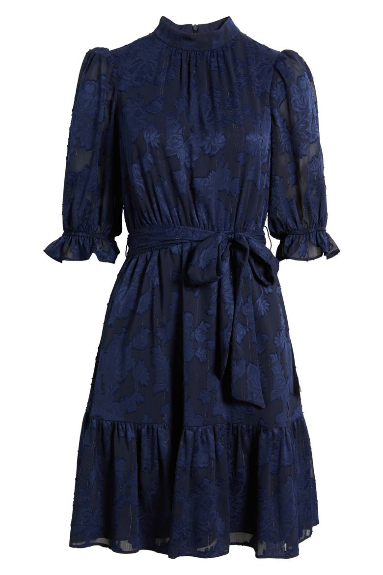 Floral Jacquard Metallic Stripe Chiffon Dress, Alternate, color, NAVY