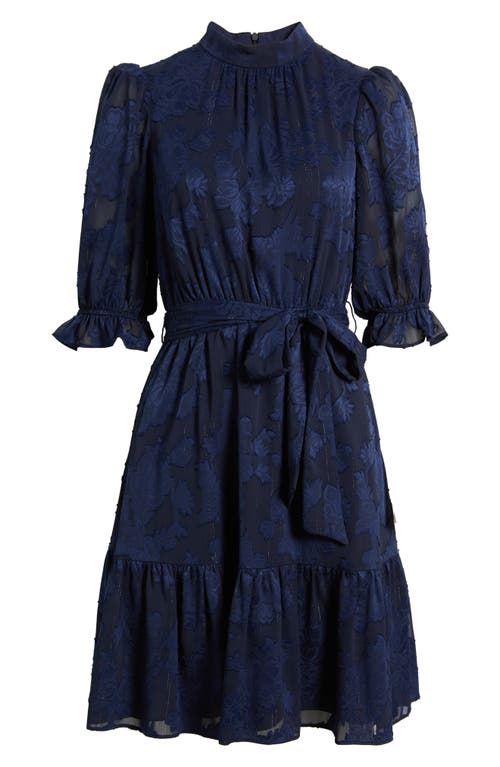 Eliza J Floral Jacquard Metallic Stripe Chiffon Dress In Blue