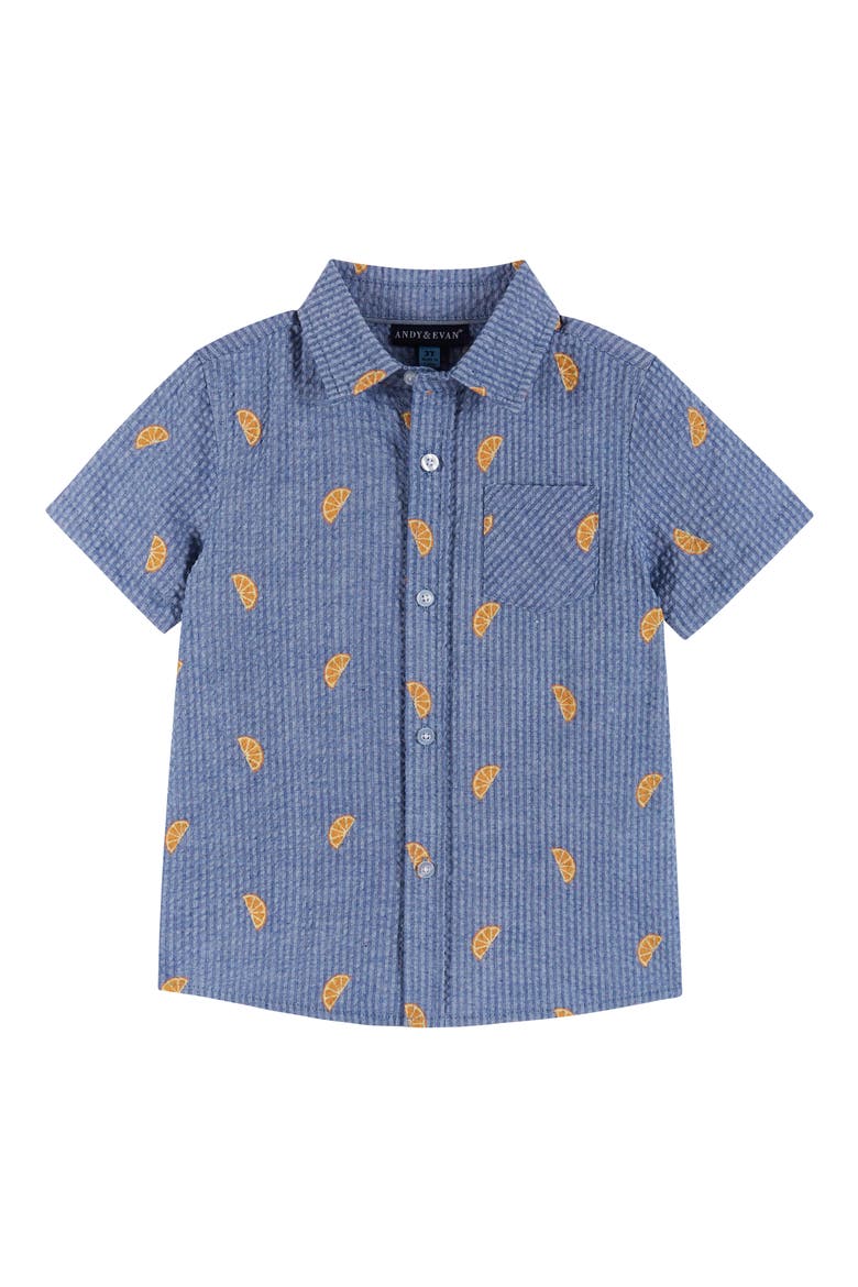 Kids' Print Seersucker Short Sleeve Button-Up Shirt, Main, color, BLUE ORANGE