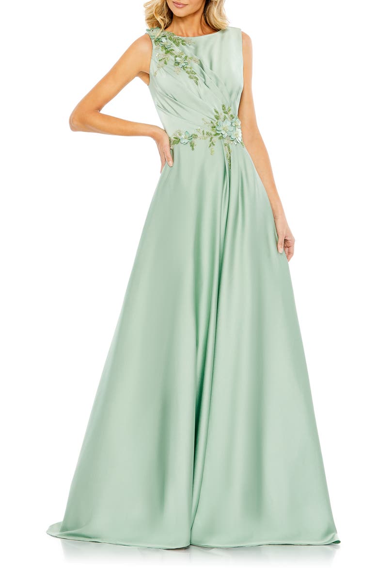 Floral Applique Sleeveless A Line Gown, Main, color, Sage