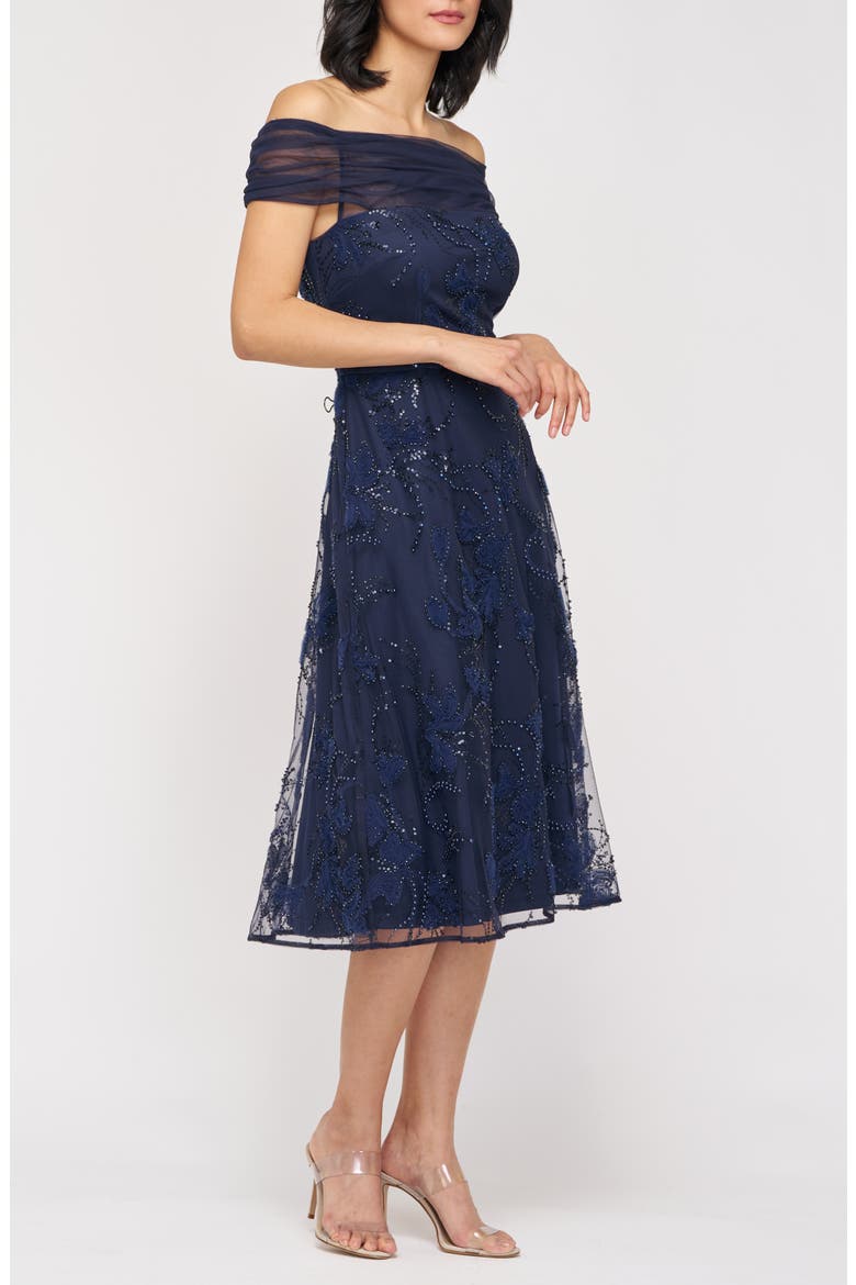 Gemma Beaded Floral Off the Shoulder Cocktail Dress, Alternate, color, NAVY
