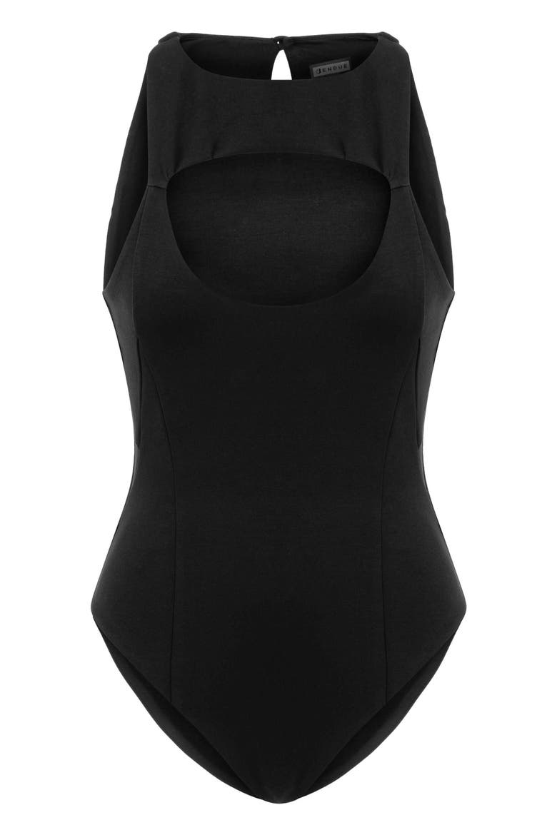 Pera Bodysuit Denim Jumpsuit - Stylish Cutout, Main, color, Black