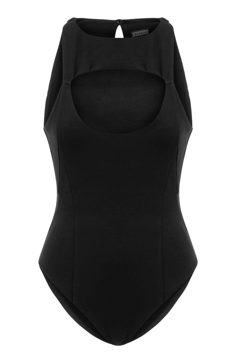 Jendue US Pera Bodysuit Denim Jumpsuit - Stylish Cutout, Main, color, Black