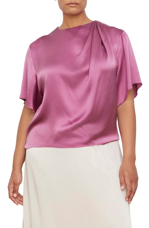 Drape Neck Flutter Sleeve Silk Top (Plus)
