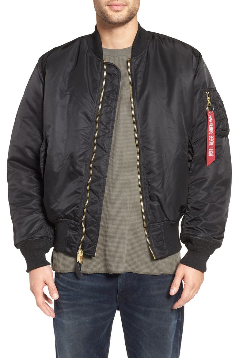 'MA-1' Slim Fit Bomber Jacket, Main, color, BLACK