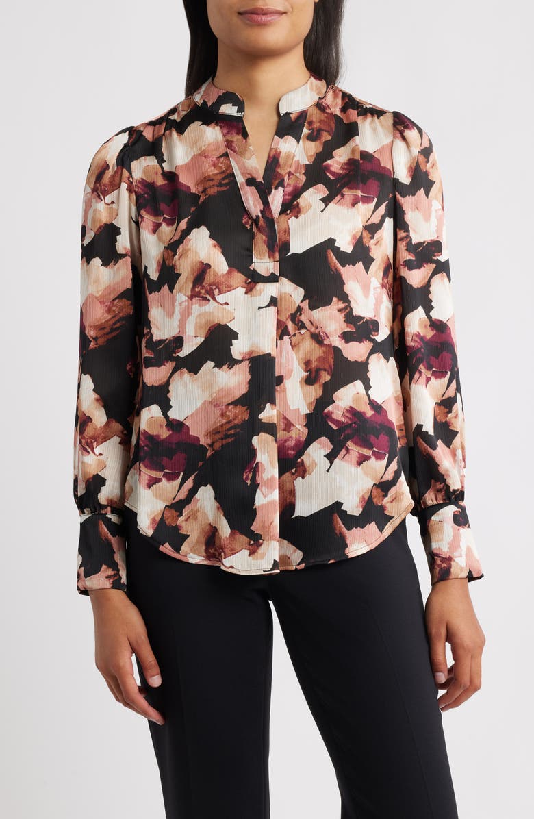 Anne Klein Printed Textured Crepe Long Sleeve Top, Main, color, Anne Black Multi