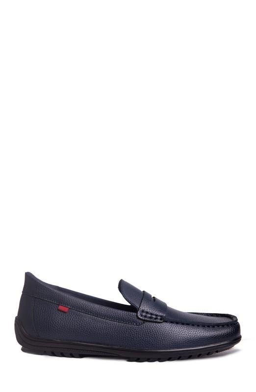 Marc Joseph New York John Street Hands Free Technology Leather Penny Loafer, Alternate, color, Navy Grainy Leather