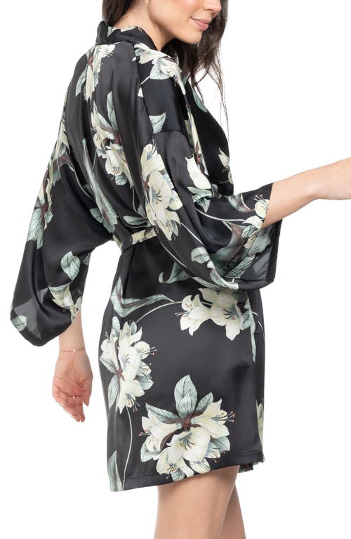 Midnight Bakery Floral Belted Satin Wrap In Black