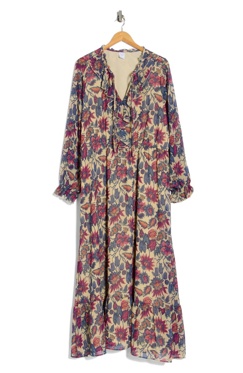 Melrose and Market Floral Long Sleeve Ruffle Chiffon Maxi Dress, Alternate, color, Tan- Green Floral Streak