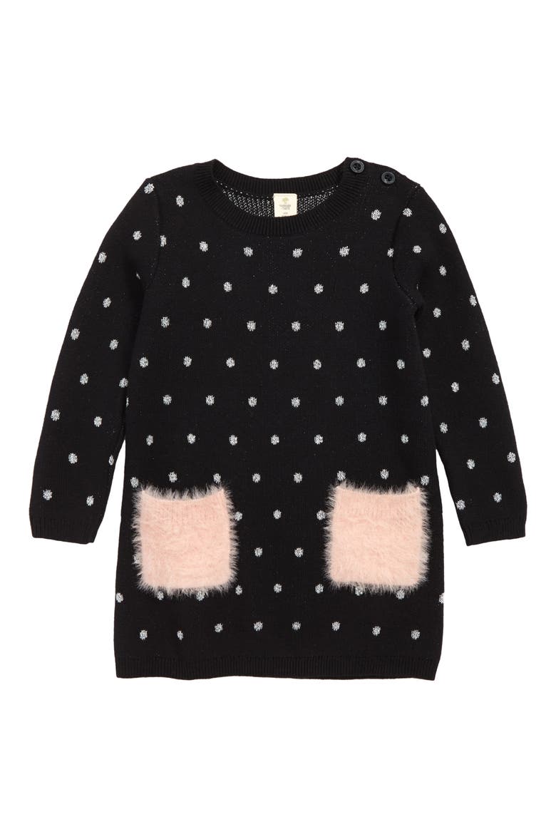 Fuzzy Pocket Sweater Dress, Main, color, BLACK- SILVER DOT