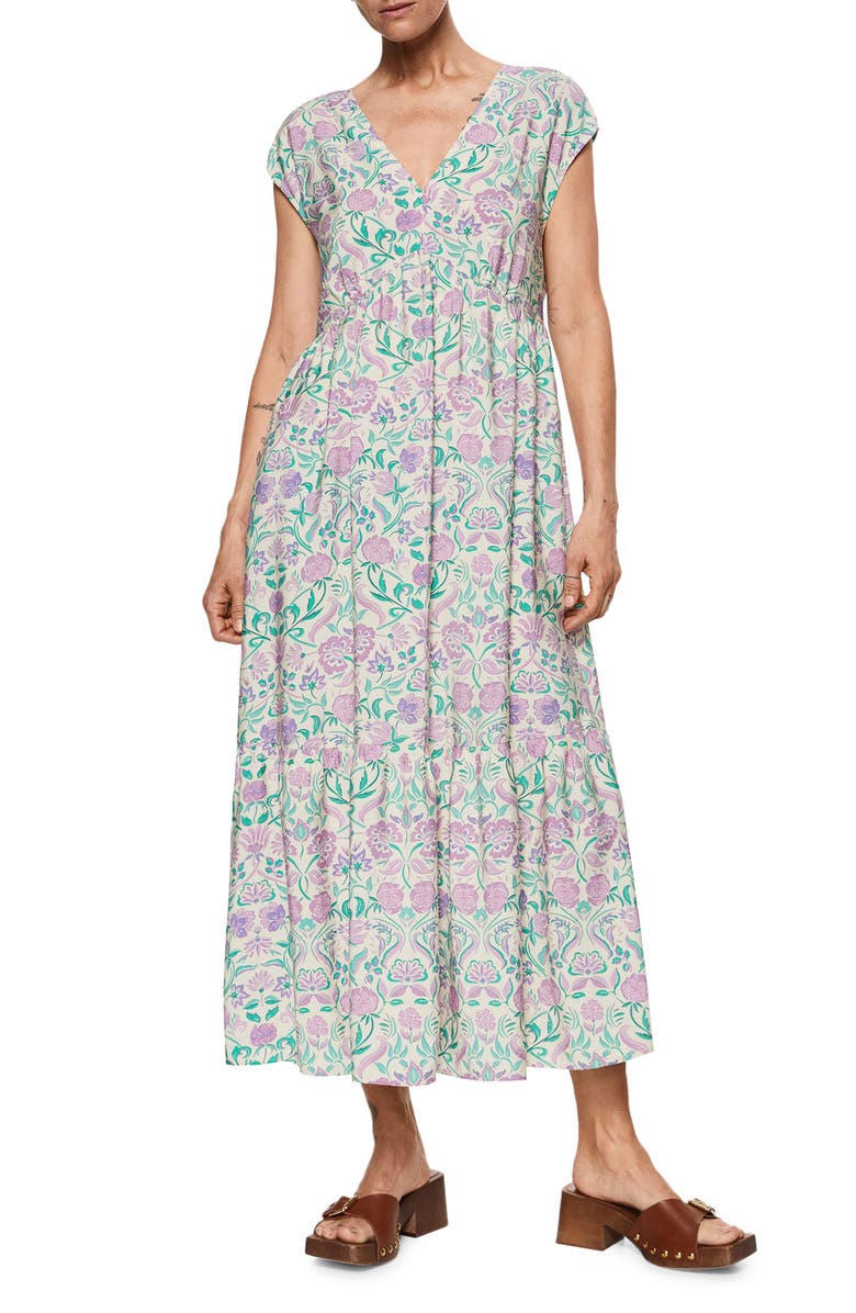MANGO Floral Print Tiered Empire Waist Midi Dress, Main, color,